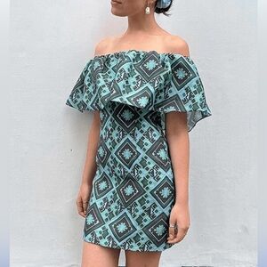 BAUM UND PFERDGARTEN Teal green geometric print ruffle top mini dress size S.